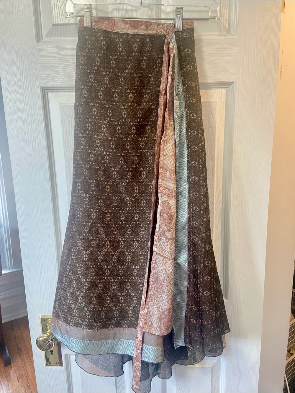 100% Upcycled Sari Silk Adjustable, Reversible, Wrap Skirt, Made in India - Picture 4 of 10